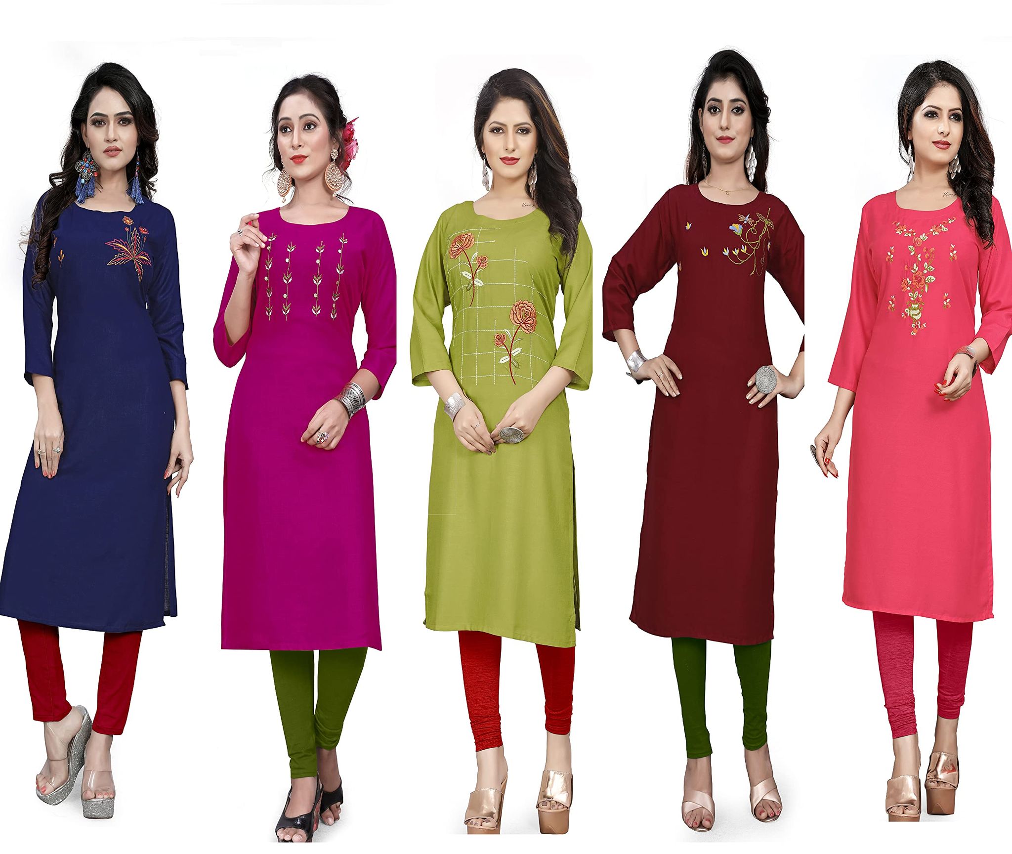 STYLEOO Rayon Kurta/kurties for Women and Girls Pack of 5, DARK BLUE, RANI, MAROON, LIGHT GREEN & PINK, (M, L, XL, XXL)