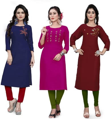 STYLEOO Rayon Embroidered Straight Kurties for Women and Girls (Pack of 3), DARK BLUE, RANI & MAROON (M, L, XL, XXL)