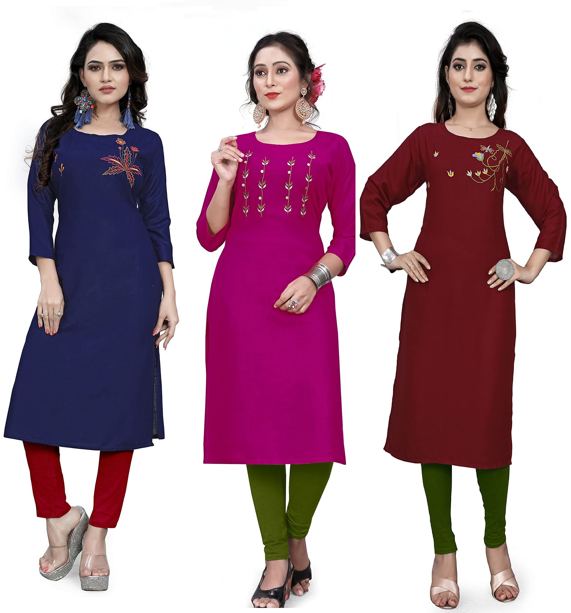 STYLEOO Rayon Embroidered Straight Kurties for Women and Girls (Pack of 3), DARK BLUE, RANI & MAROON (M, L, XL, XXL)