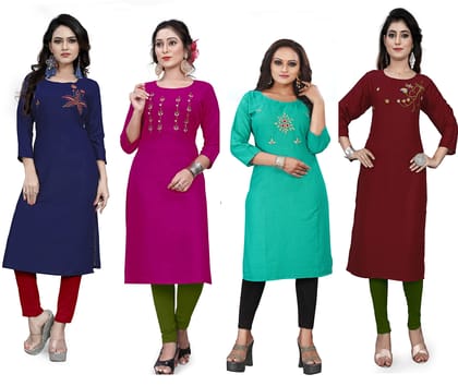 STYLEOO Rayon Embroidered Kurta/kurties for Women and Girls Combo Pack of 4, DARK BLUE, RANI, MAROON & SEA GREEN (M, L, XL, XXL )