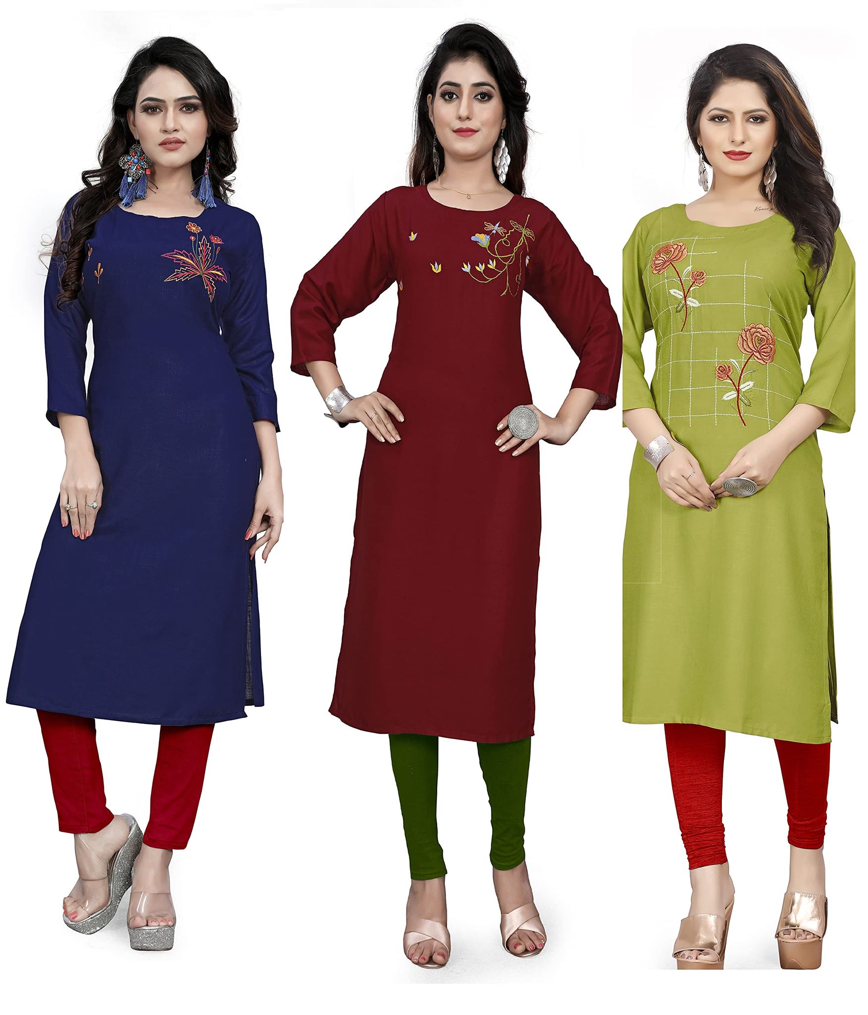 STYLEOO Rayon Embroidered Straight Kurties for Women and Girls (Pack of 3)