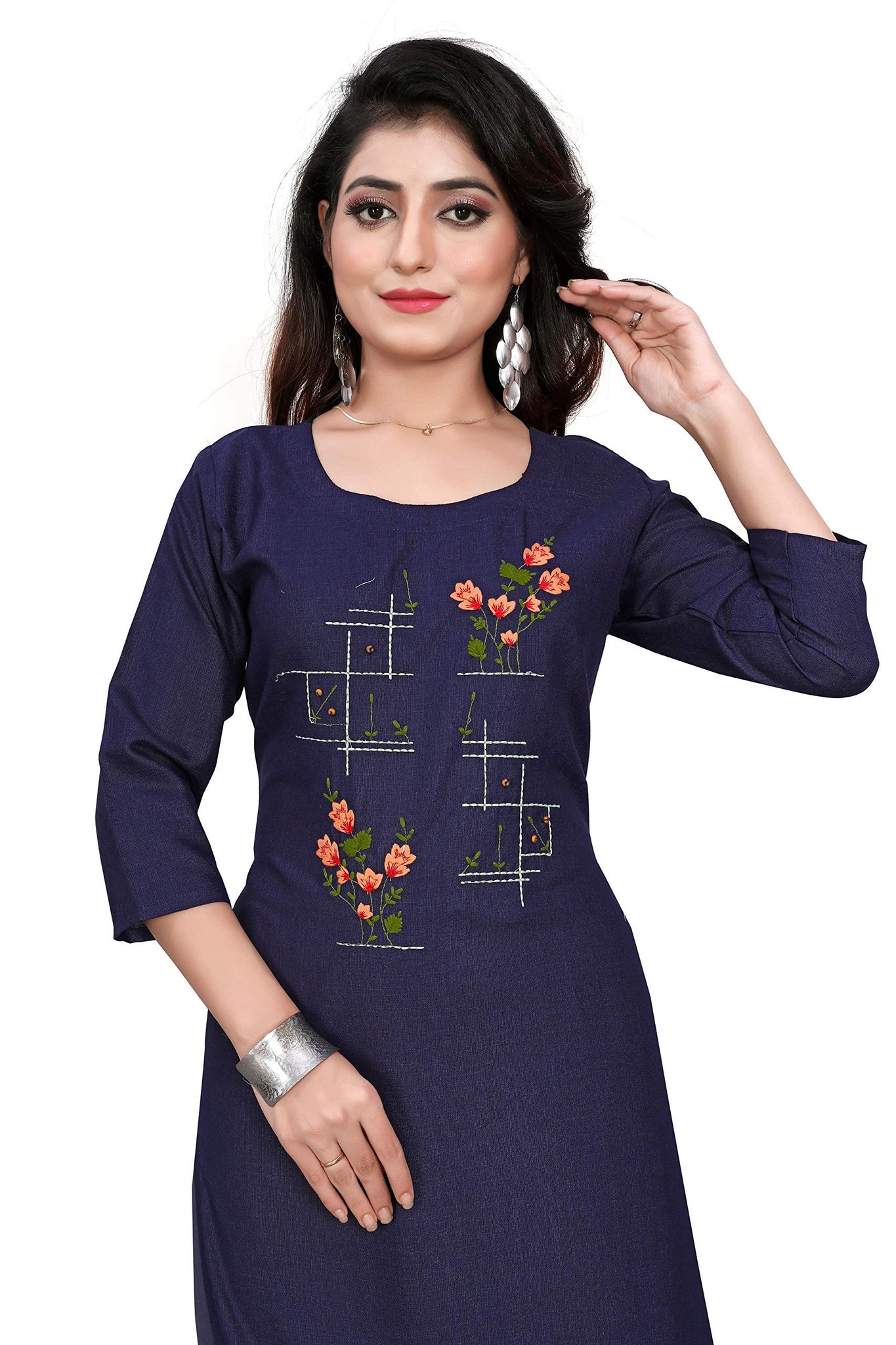 STYLEOO Ruby Slub 3/4 Sleeves Embroidered Kurti for Women's (M, L, XL, XXL Dark Blue)