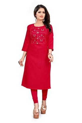 STYLEOO Ruby Slub 3/4 Sleeves Embroidered Kurti for Women's (RED) (M, L, XL, XXL)