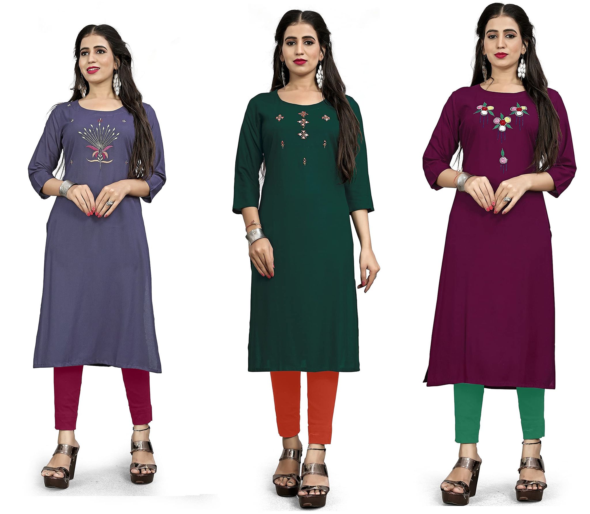 STYLEOO Rayon Straight Designer Kurtis Combo Pack for Women and Girls Pack of 3, GREY, GREEN & WINE ( M, L, XL, 2XL)