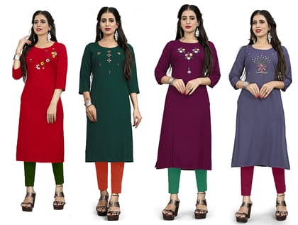 STYLEOO Rayon Embroidered Kurta / kurties for Women and Girls Pack of 4, GREY, GREEN, WINE & RED (M, L, XL, XXL)