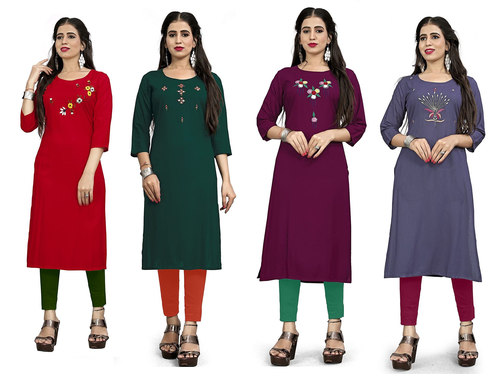 STYLEOO Rayon Embroidered Kurta / kurties for Women and Girls Pack of 4, GREY, GREEN, WINE & RED (M, L, XL, XXL)