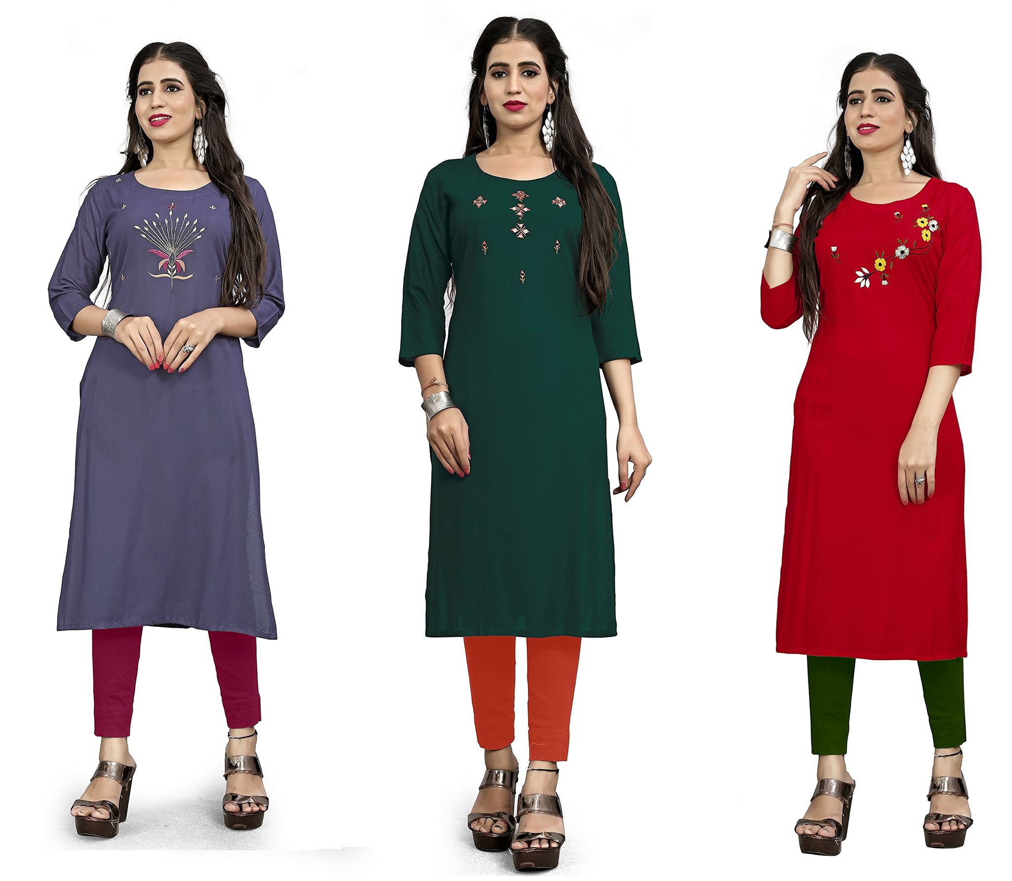 STYLEOO Rayon Straight Designer Kurtis Combo Pack for Women and Girls Pack of 3, GREY, GREEN & RED, (M, L, XL, XXL)