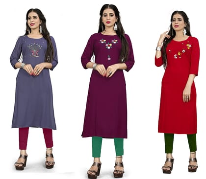 STYLEOO Rayon Straight Designer Kurtis Combo Pack for Women and Girls Pack of 3, GREY, WINE & RED, (M, L, XL, XXL)