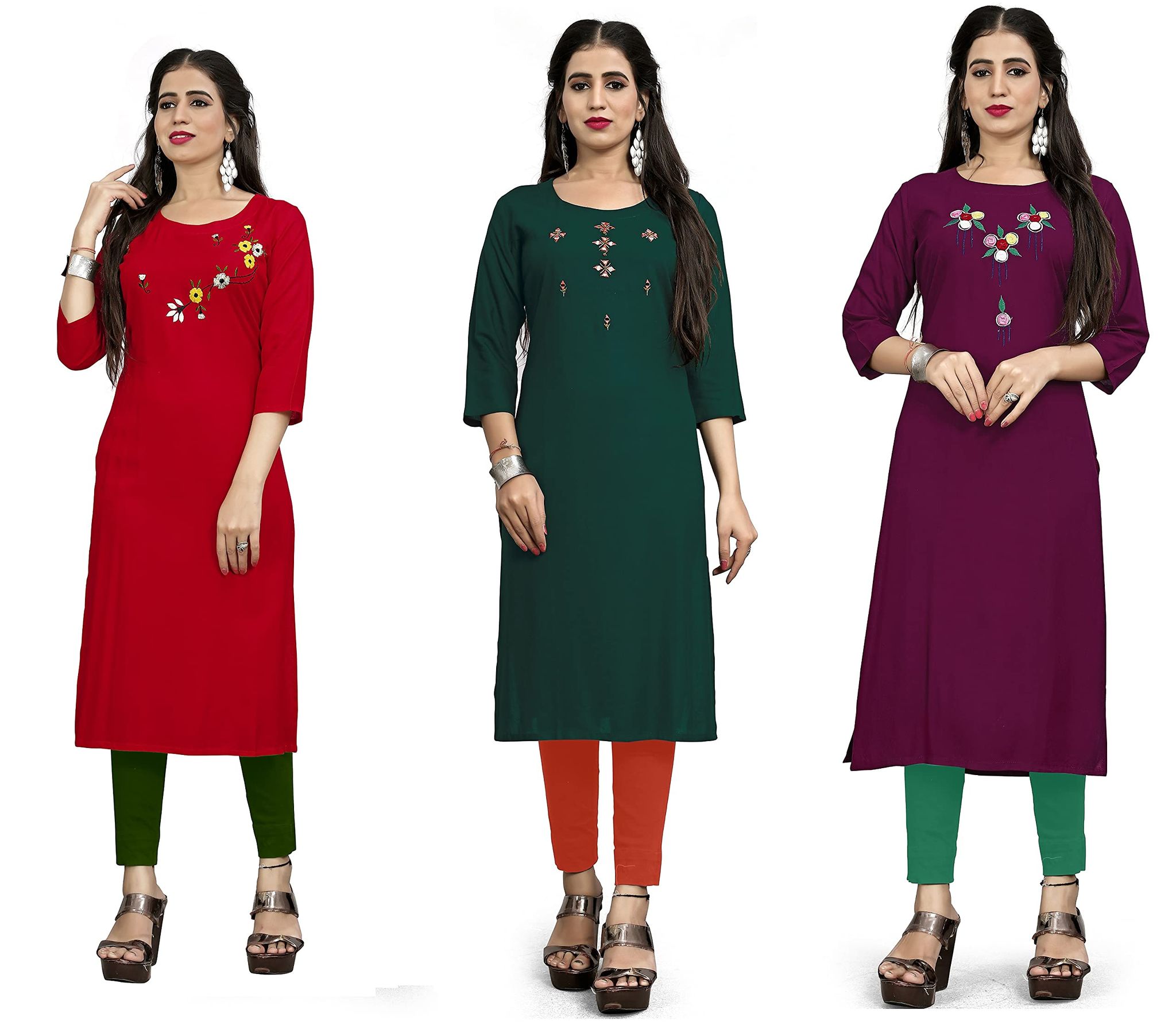 STYLEOO Rayon Straight Designer Kurtis Combo Pack for Women and Girls Pack of 3 (M, L, XL, XXL)