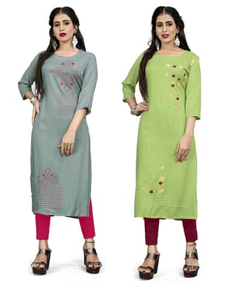 STYLEOO Rayon Embroidered Straight Kurta/kurties for Women and Girls Pack of 2 (M, L, XL, XXL) Grey, Light Green