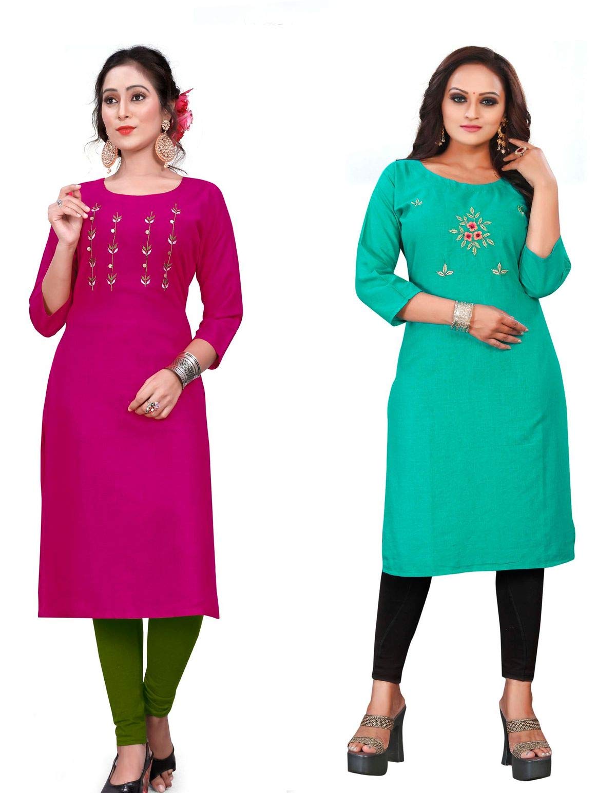 STYLEOO Rayon Combo Pack Embroidered Kurti for Women's (Pack of 2) (Pink and Sky Blue, M, L, XL, XXL)