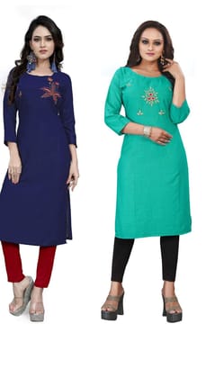 STYLEOO Rayon Combo Pack Embroidered Kurti for Women's (Pack of 2) (Blue and Sky Blue, M, L, XL, 2XL)