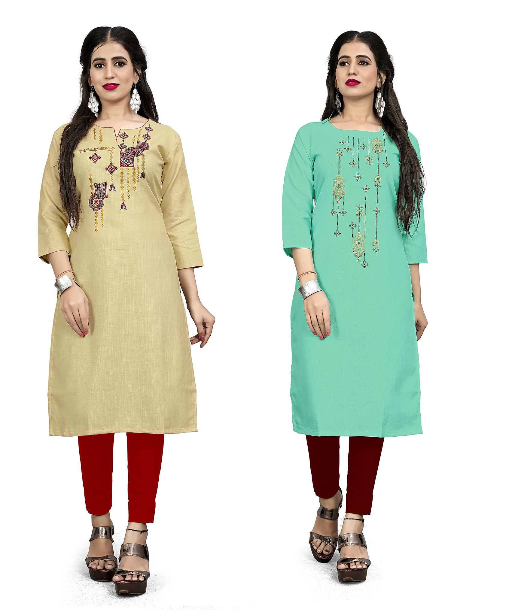 STYLEOO Ruby Slub Embroidered Straight Kurta for Women Pack of 2, CREAM & LIGHT GREEN, (M, L, XL, XXL)