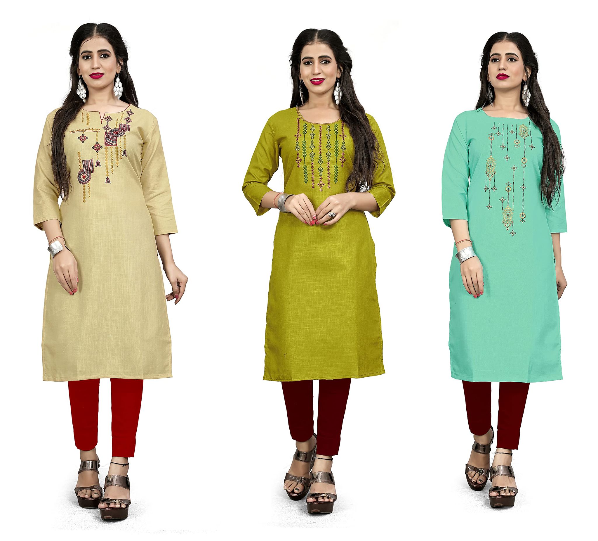 STYLEOO Ruby Slub Embroidered Straight Kurta/kurties for Women and Girls Pack of 3, CREAM, LIGHT GREEN & MUSTARD ( M, L, XL, XXL)