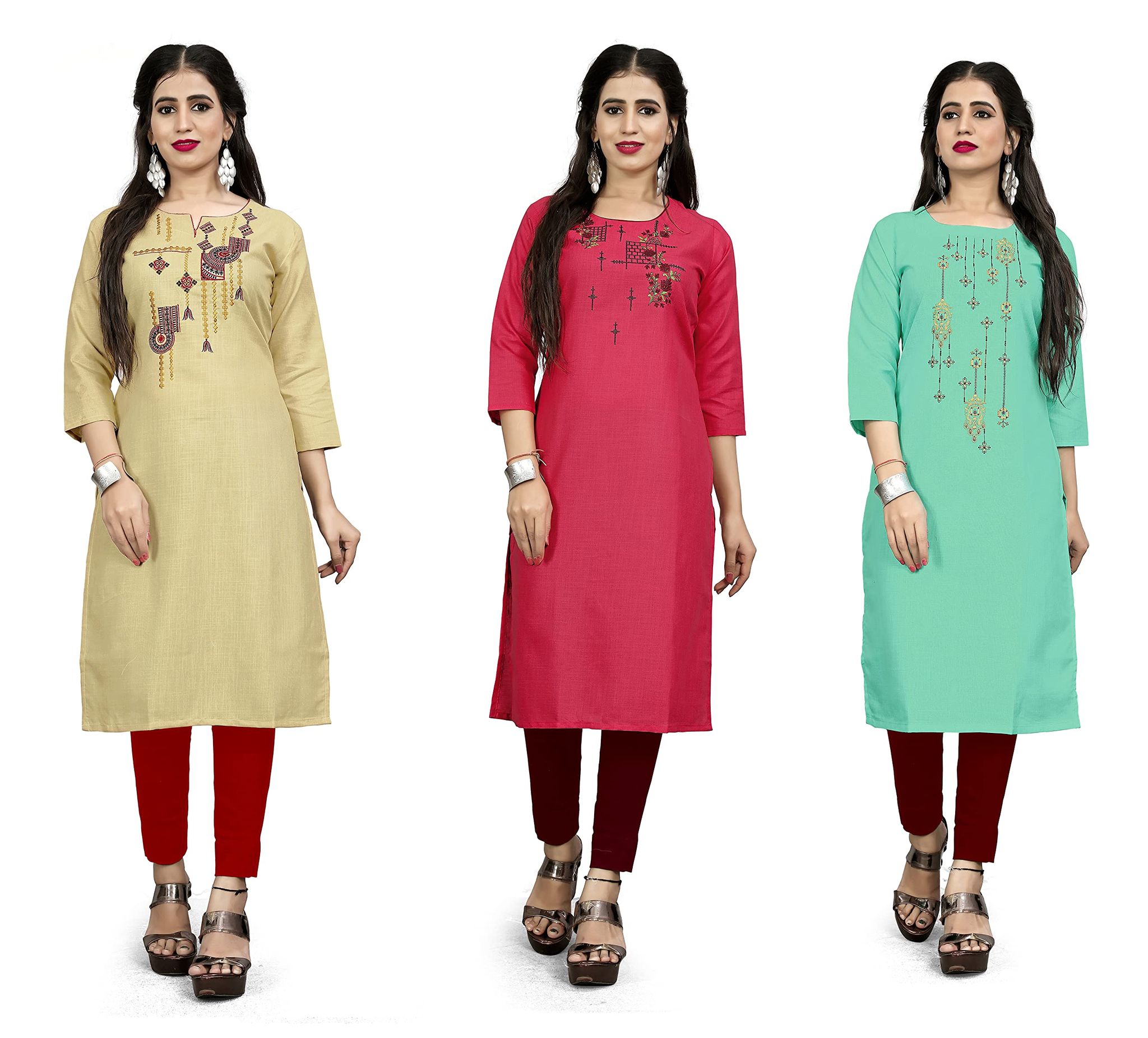 STYLEOO Ruby Slub Embroidered Straight Kurta/kurties for Women and Girls Pack of 3, CREAM, LIGHT GREEN & PINK,(M, L, XL, XXL)