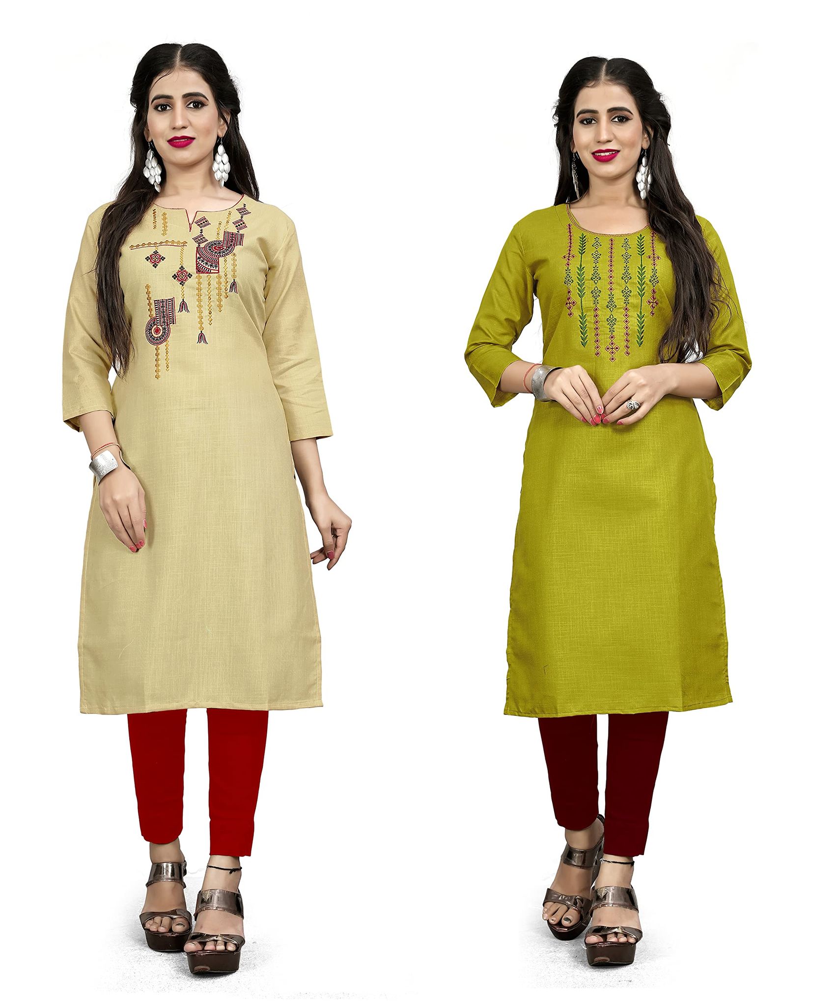 STYLEOO Ruby Slub Embroidered Straight Kurta for Women Pack of 2,CREAM & MUSTARD (M, L, XL, XXL)