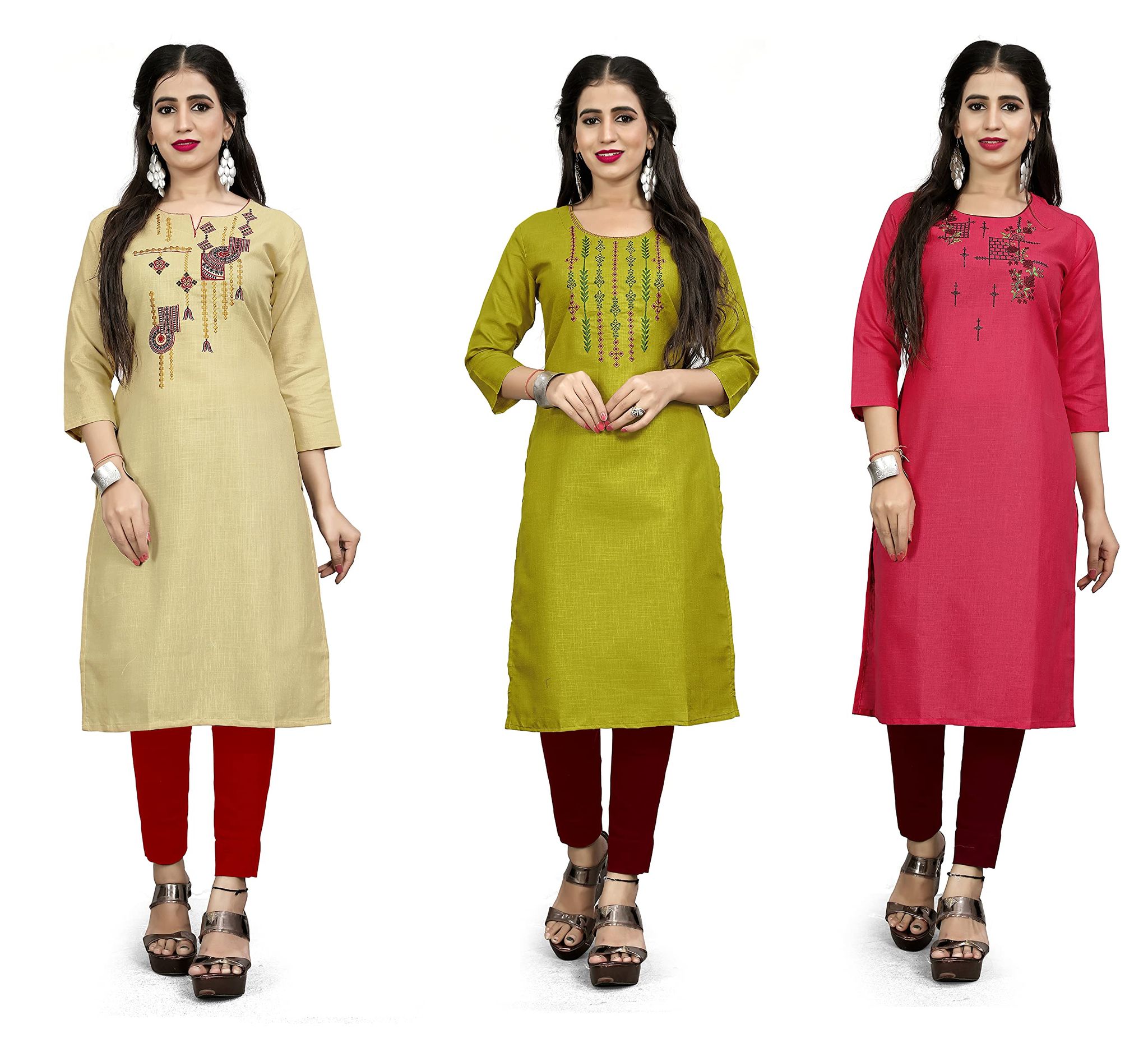 STYLEOO Ruby Slub Embroidered Straight Kurta/kurties for Women and Girls Pack of 3, CREAM, MUSTARD & PINK, (M, L, XL, XXL)