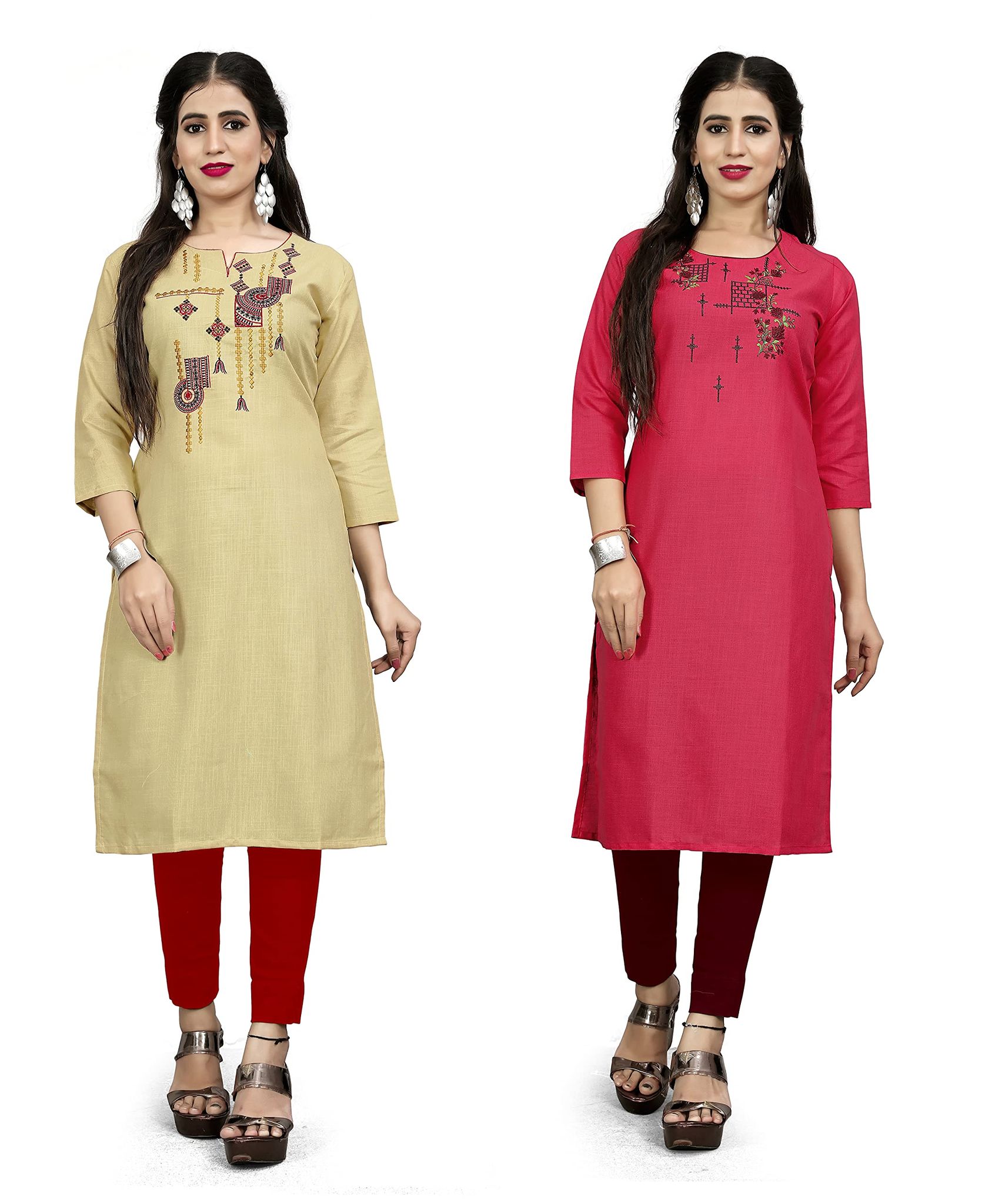 STYLEOO Ruby Slub Embroidered Straight Kurta for Women Pack of 2,CREAM & PINK, (M, L, XL, XXL)