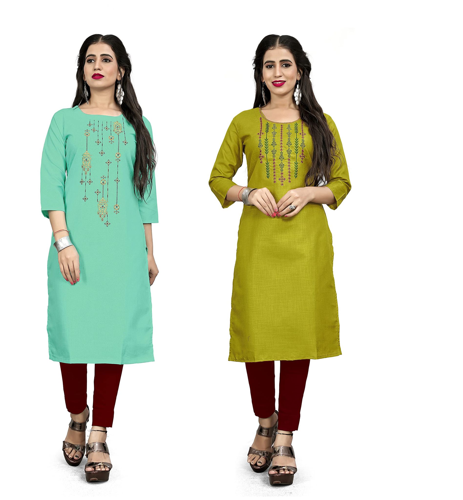 STYLEOO Ruby Slub Embroidered Straight Kurta for Women Pack of 2, LIGHT GREEN & MUSTARD (M, L, XL, XXL)