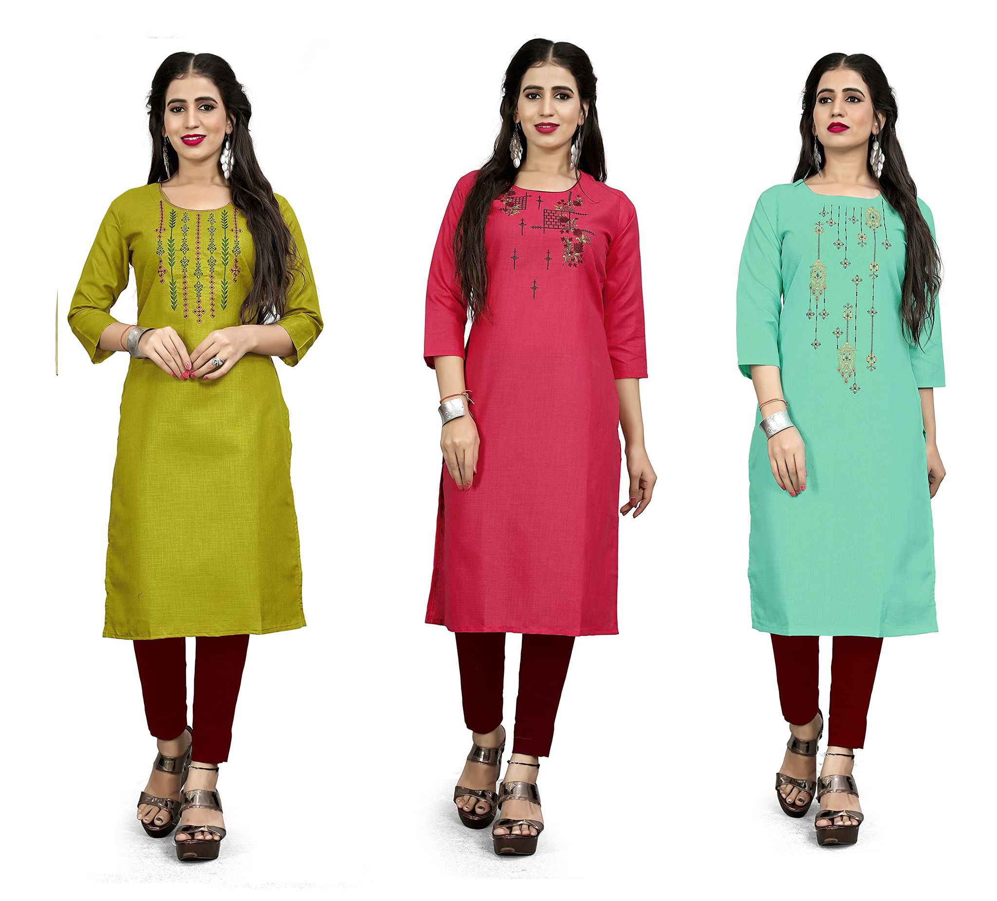 STYLEOO Ruby Slub Embroidered Straight Kurta/kurties for Women and Girls Pack of 3, LIGHT GREEN, MUSTARD & PINK, (M, L, XL, XXL)