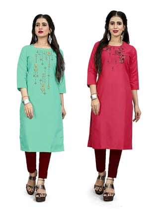 STYLEOO Ruby Slub Embroidered Straight Kurta for Women Pack of 2, LIGHT GREEN & PINK (M, L, XL, XXL)