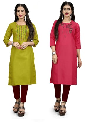 STYLEOO Ruby Slub Embroidered Straight Kurta for Women Pack of 2, MUSTARD & PINK (M, L, XL, XXL)