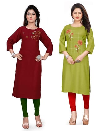 STYLEOO Rayon Embroidered Kurti for Women's Combo Pack (Pack of 2) (Maroon and Green) (M, L, XL, XXL)