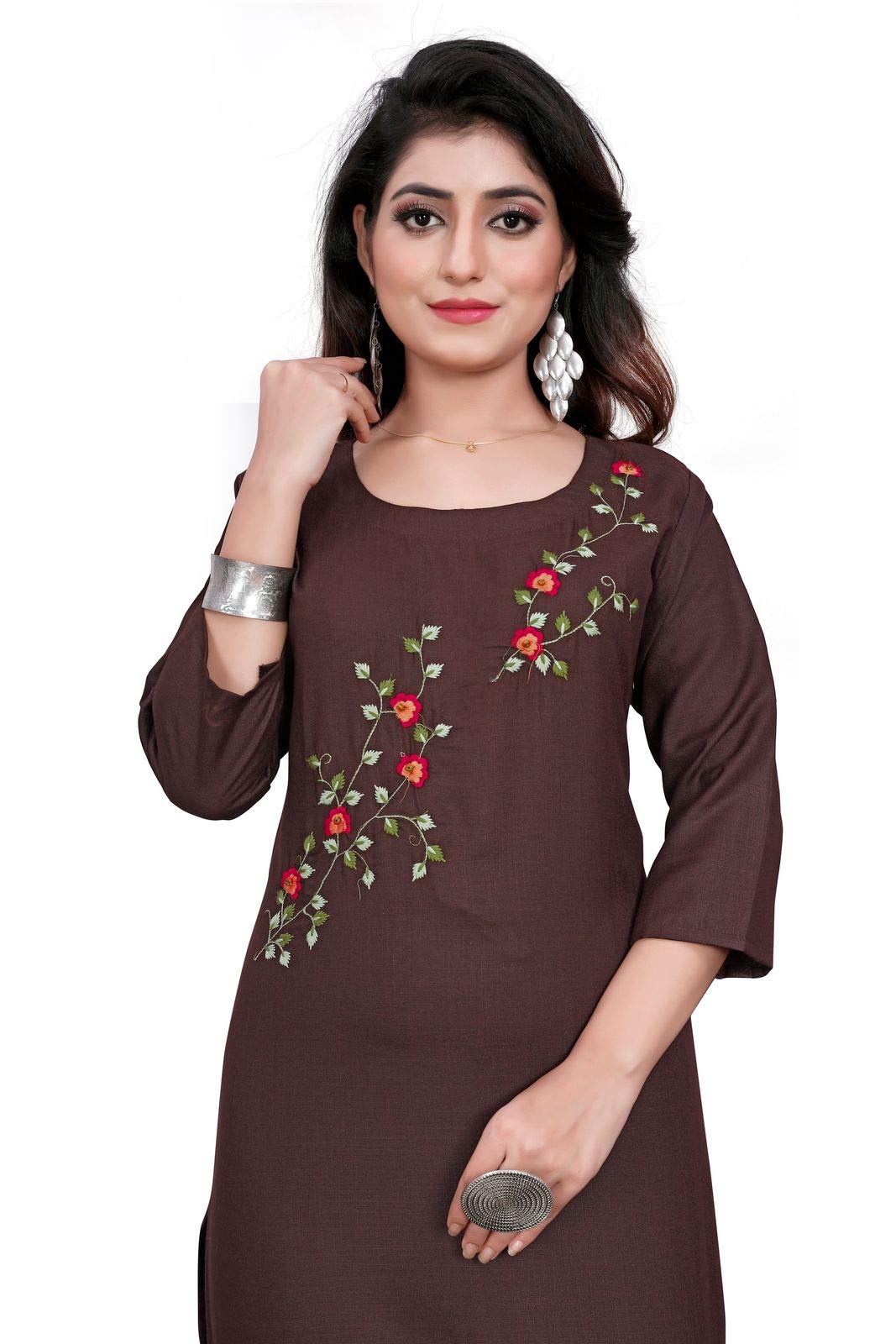 STYLEOO Ruby Slub 3/4 Sleeves Embroidered Kurti for Women's (M, L, XL, XXL, Coffee)