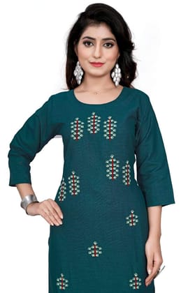 STYLEOO Ruby Slub 3/4 Sleeves Embroidered Kurti for Women's SEA Green (M, L, XL, XXL)