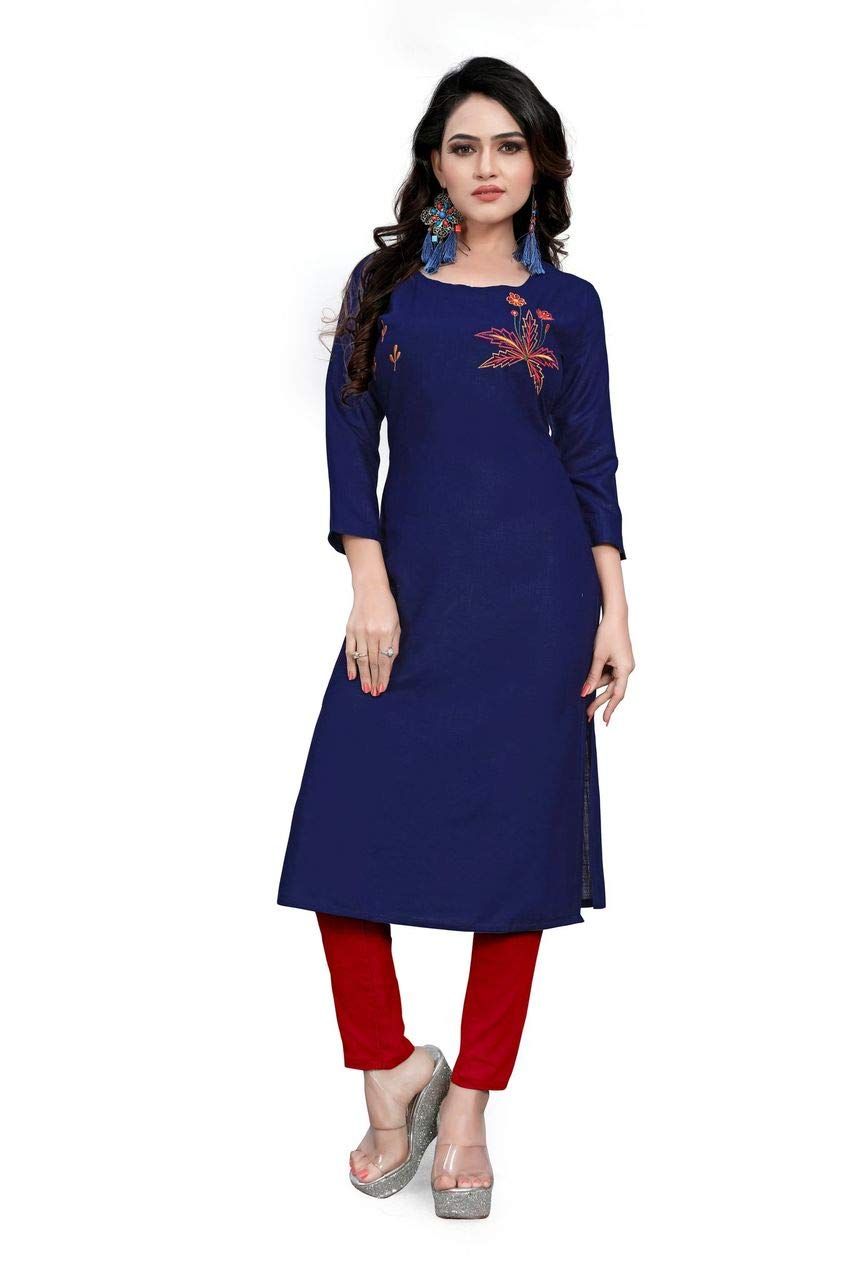 STYLEOO Women's Rayon 3/4 Sleeves Embroidered Kurti (M, L, XL, XXL, Dark Blue)