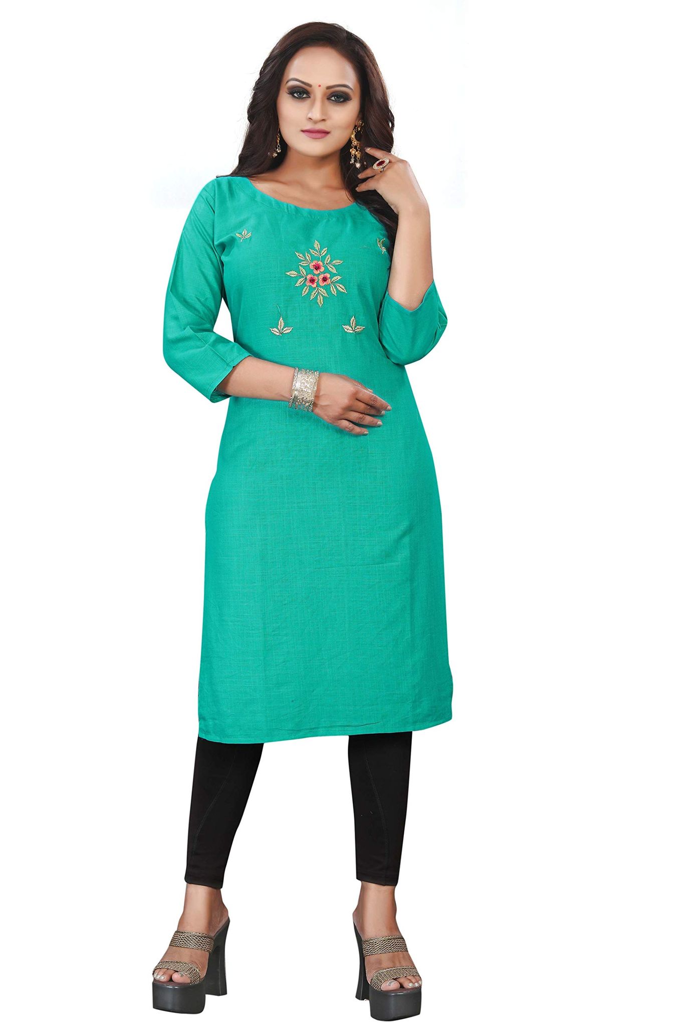 STYLEOO Women's Ruby Slub 3/4 Sleeves Embroidered Kurti (M, L, XL, XXL Light Green)