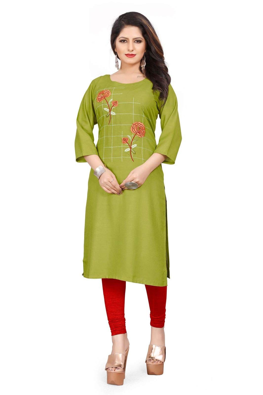 STYLEOO Women's Rayon 3/4 Sleeves Embroidered Kurti (Light Green) (M, L, XL, XXL)