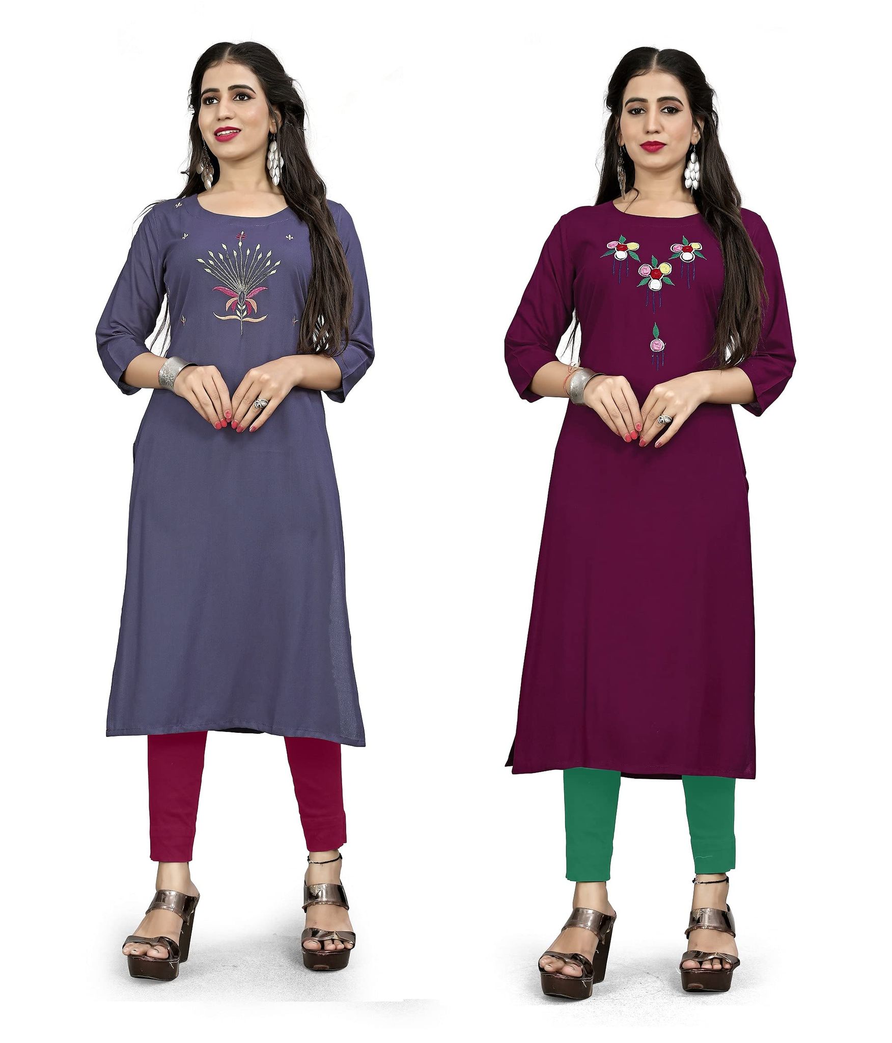 STYLEOO Combo Rayon Three-Fourth Sleeve A-Line Kurti for Women (Grey & Wine) (M, L, XL, XXL)