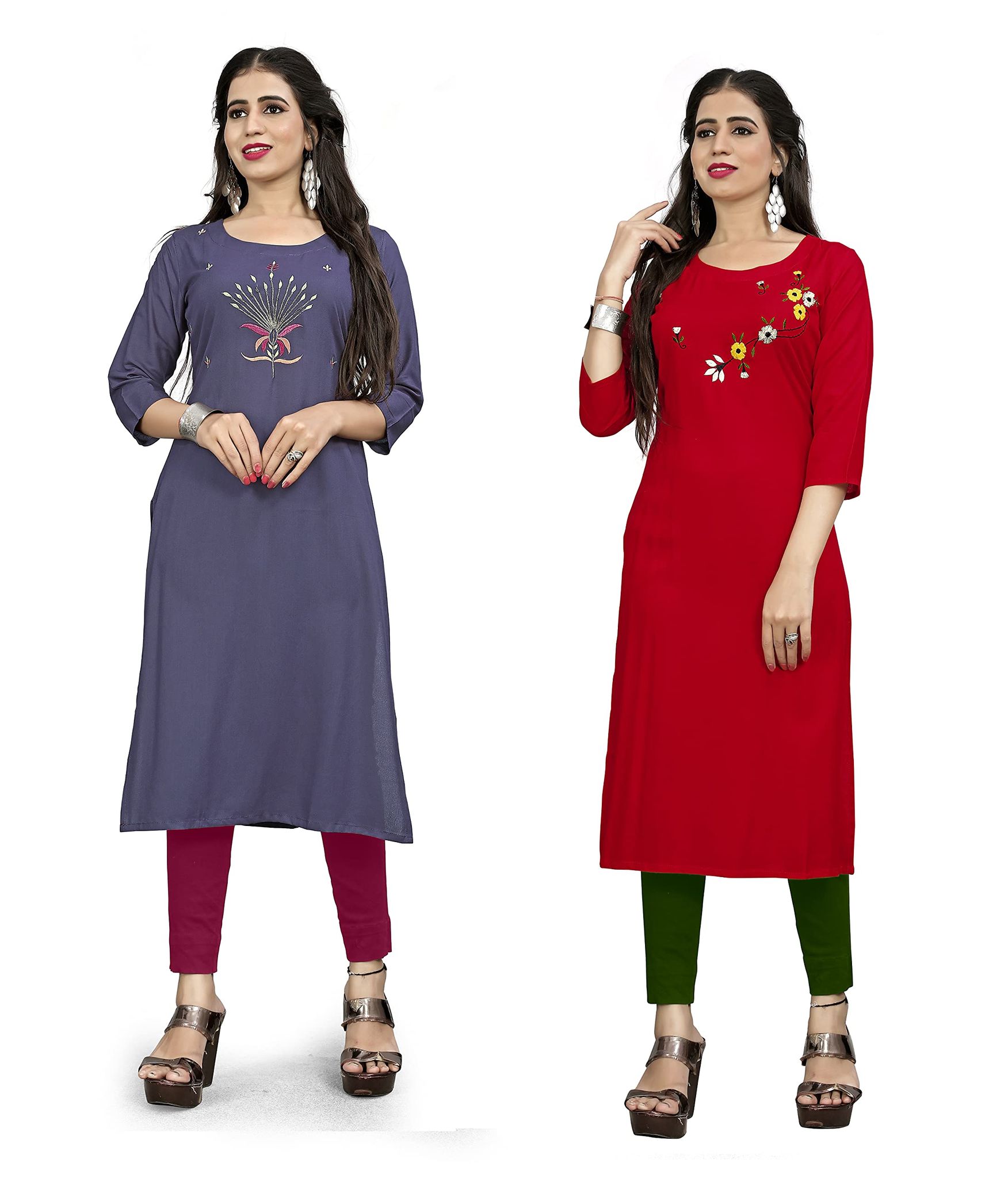 STYLEOO Combo Rayon Three-Fourth Sleeve A-Line Kurti for Women (Grey & RED) (M, L, XL, XXL)