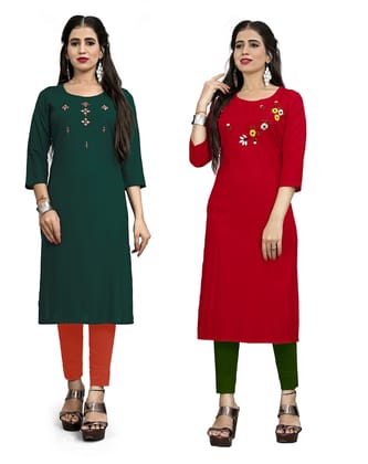 STYLEOO Combo Rayon Three-Fourth Sleeve A-Line Kurti for Women (Green & RED) (M, L, XL, XXL)