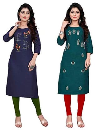 STYLEOO Ruby Slub 3/4 Sleeves Embroidered Kurti for Women's Combo Pack (Blue and Green) (M, L, XL, XXL)