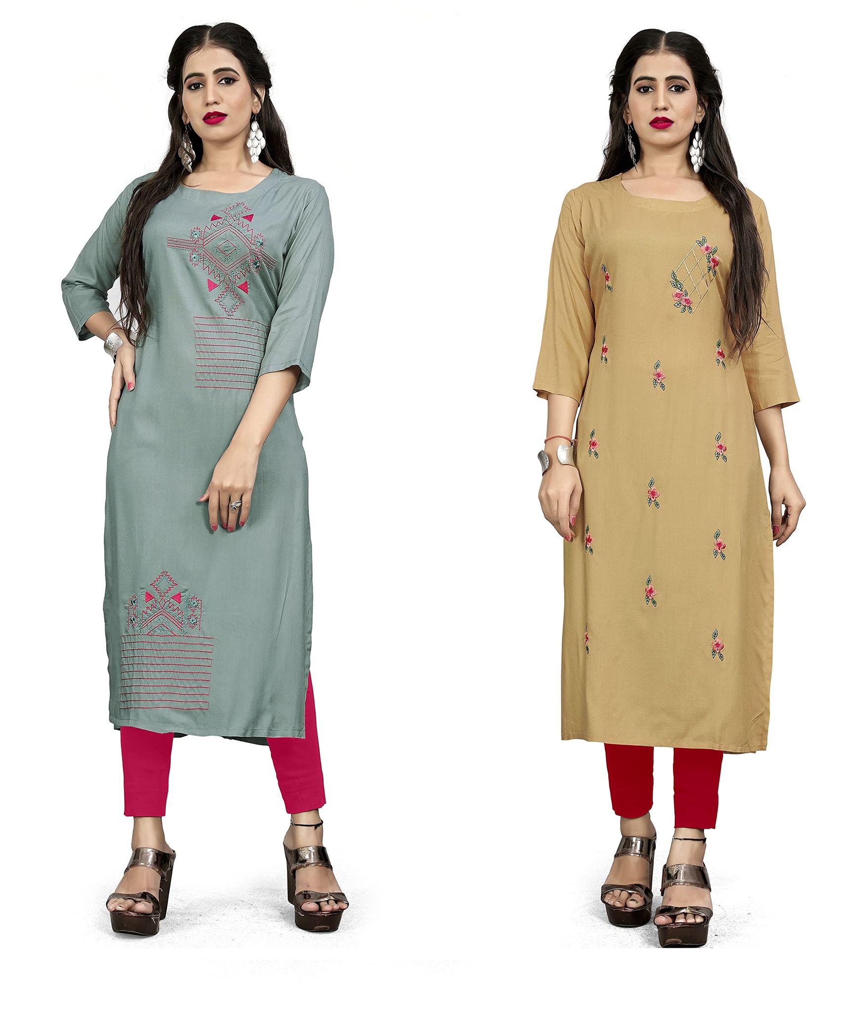 STYLEOO Rayon Embroidered Straight Kurta/kurties for Women and Girls Pack of 2 (M, L, XL, XXL)