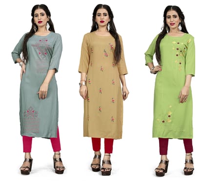 STYLEOO Rayon Embroidered Straight Kurta/kurties for Women and Girls Pack of 3 (M, L, XL, XXL)