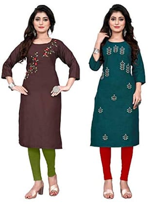 STYLEOO Ruby Slub 3/4 Sleeves Embroidered Kurti for Women's Combo Pack (Brown and Green) (M, L, XL, XXL)