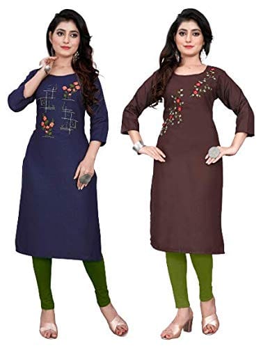 STYLEOO Ruby Slub 3/4 Sleeves Embroidered Kurti for Women's Combo Pack ( Brown and Green) (M, L, XL, XXL)