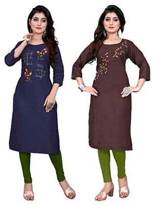 STYLEOO Ruby Slub 3/4 Sleeves Embroidered Kurti for Women's Combo Pack of 2 (Brown and Green) (M, L, XL, XXL)