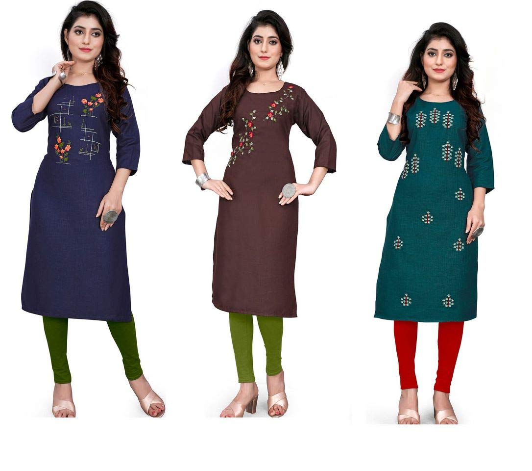 STYLEOO Women's Cotton Regular Embroidered Kurti (Blue, Brown, Red) (M, L, XL, XXL)