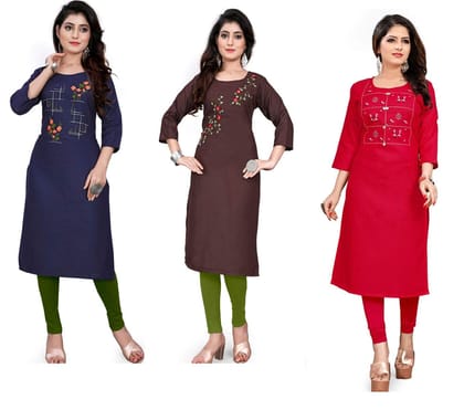STYLEOO Women's Cotton Embroidered Regular Combo Kurtis Pack of 3 (Blue, Brown, Red)