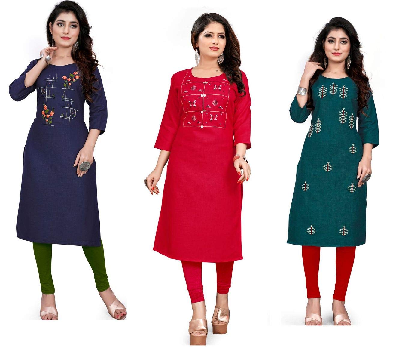 STYLEOO Women's Cotton Regular Kurti Combo Pack of 3 (Blue, Red, Green) (M, L, XL, XXL)