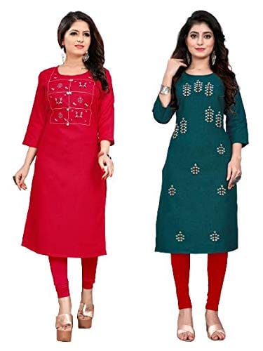 STYLEOO Women's Ruby Slub Embroidered Regular Combo Kurti Pack of 2(Red and Green)