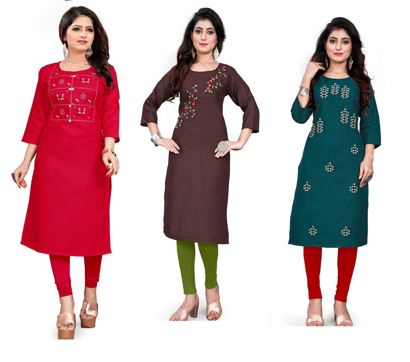 STYLEOO Designer Kurti for Women's on Ruby Slub Combo Pack (Pack of 3) (Red Brown Green, M, L, XL,  XXL)