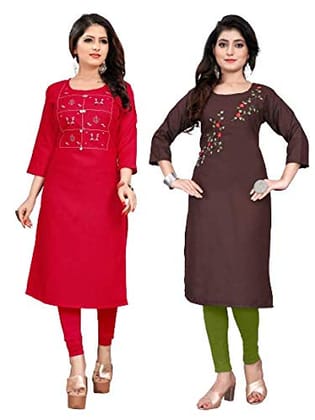 STYLEOO Ruby Slub 3/4 Sleeves Embroidered Kurti for Women's Combo Pack (RED and Brown) (M, L, XL, XXL)