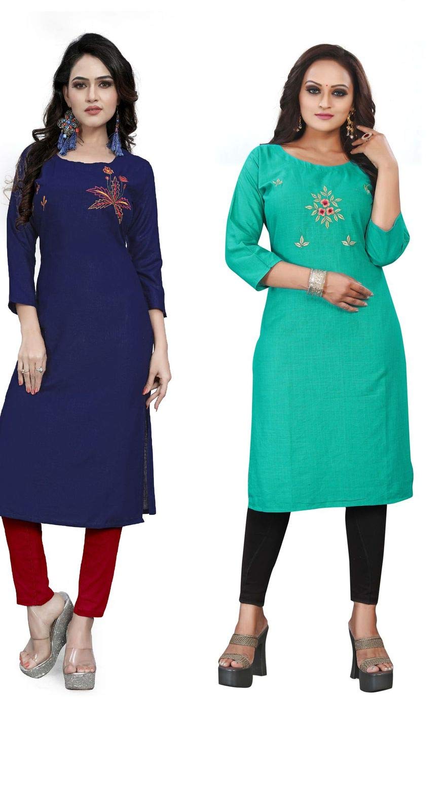 STYLEOO Rayon Slub Combo Pack Embroidered Kurti for Women's (Pack of 2) (Blue and Sky Blue) (M, L, XL, XXL)