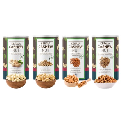 Special Gift Pack of Kerala Cashews – (1 kg Each) – Unroasted, Salted and Roasted, Roasted & Chilly and Roasted & Pepper