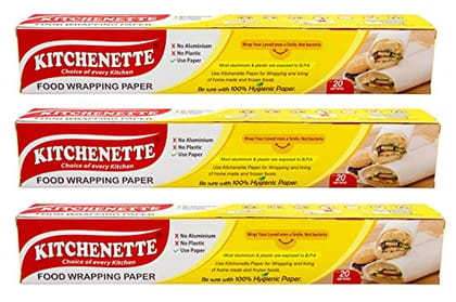 Kitchenette Food Wrapping Paper - 20 Meters X 11 inch | Roti Wrap | Food Grade | Non Stick I Microwave Safe | Butter Paper | Non printed | Coreless Roll Inside 100% Hygienic - Pack of 3